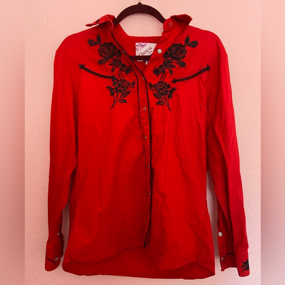 Danesi Jeans Red Western Shirt – Floral Embroidered XL
